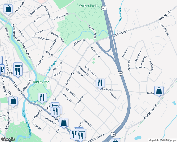 map of restaurants, bars, coffee shops, grocery stores, and more near 80 McKinley Drive in Athens