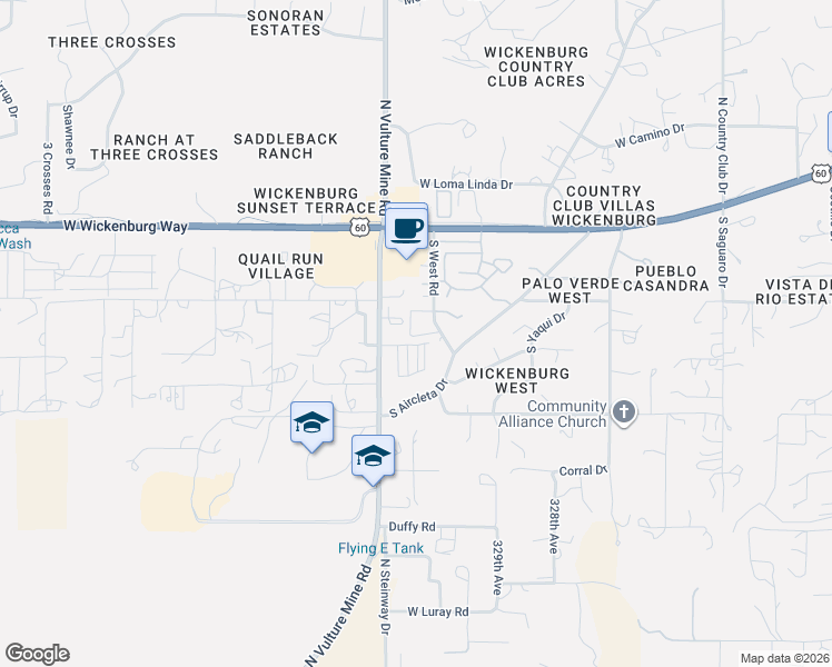 map of restaurants, bars, coffee shops, grocery stores, and more near 560 South West Road in Wickenburg