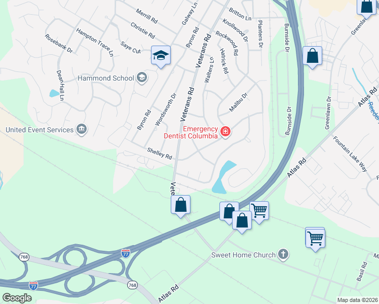 map of restaurants, bars, coffee shops, grocery stores, and more near 7206 Coachmaker Road in Columbia