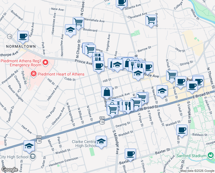 map of restaurants, bars, coffee shops, grocery stores, and more near 428 North Milledge Avenue in Athens