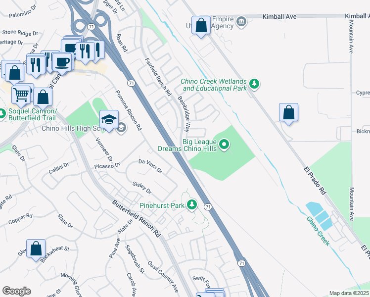 map of restaurants, bars, coffee shops, grocery stores, and more near 16234 Bainbridge Way in Chino Hills