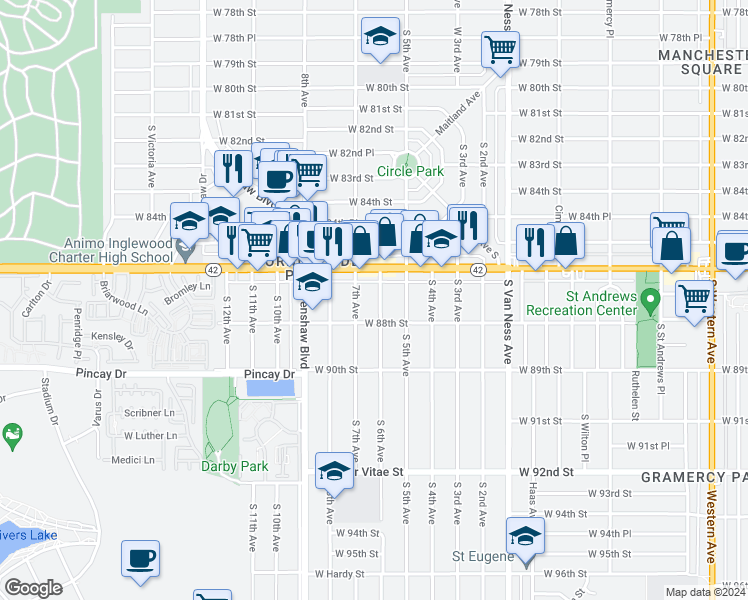 map of restaurants, bars, coffee shops, grocery stores, and more near 8701 South 6th Avenue in Inglewood
