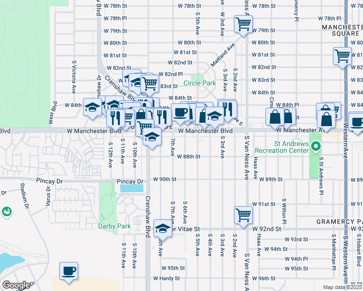 map of restaurants, bars, coffee shops, grocery stores, and more near 8701 South 6th Avenue in Inglewood