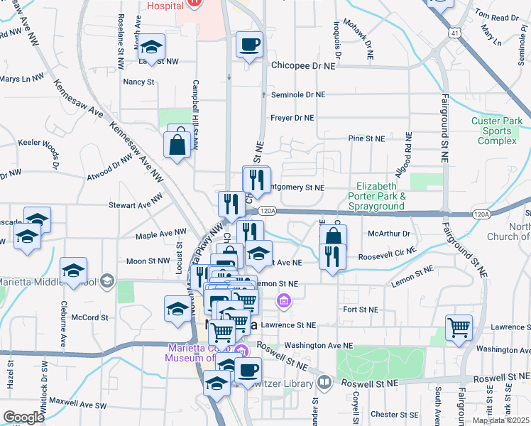 map of restaurants, bars, coffee shops, grocery stores, and more near 0 North Marietta Parkway Northeast in Marietta