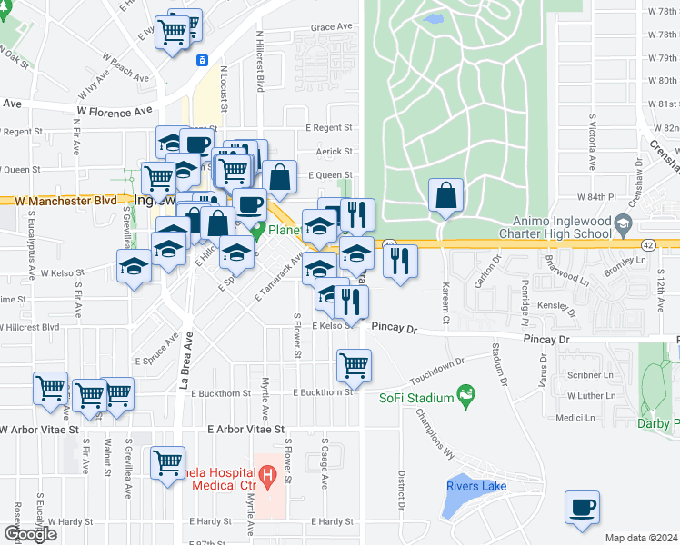 map of restaurants, bars, coffee shops, grocery stores, and more near 750 East Nutwood Street in Inglewood
