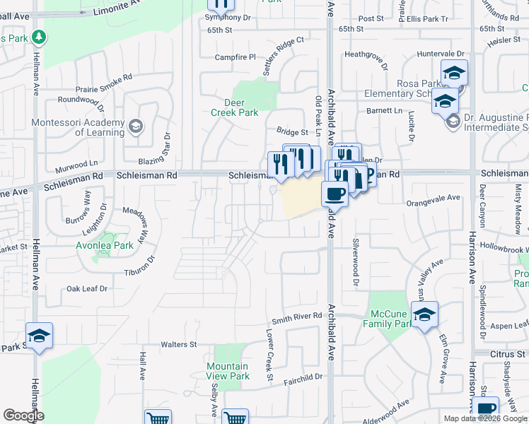 map of restaurants, bars, coffee shops, grocery stores, and more near 7126 Enclave Drive in Corona