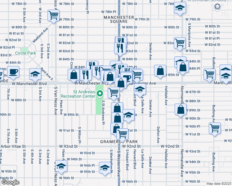 map of restaurants, bars, coffee shops, grocery stores, and more near 8715 South Western Avenue in Los Angeles