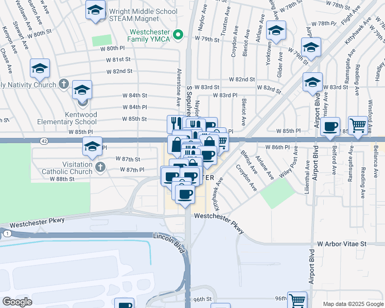 map of restaurants, bars, coffee shops, grocery stores, and more near 8649 South Sepulveda Boulevard in Los Angeles