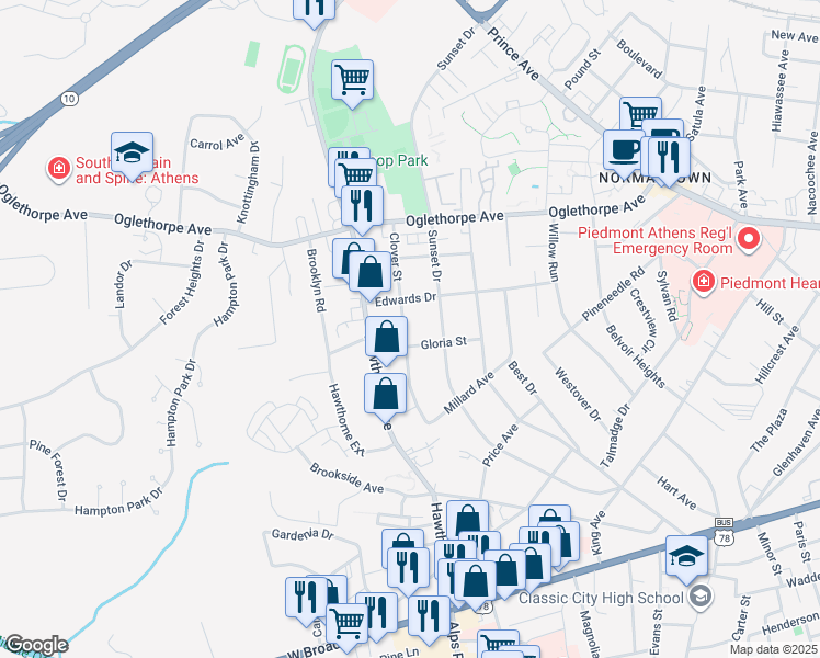 map of restaurants, bars, coffee shops, grocery stores, and more near 370 Clover Street in Athens