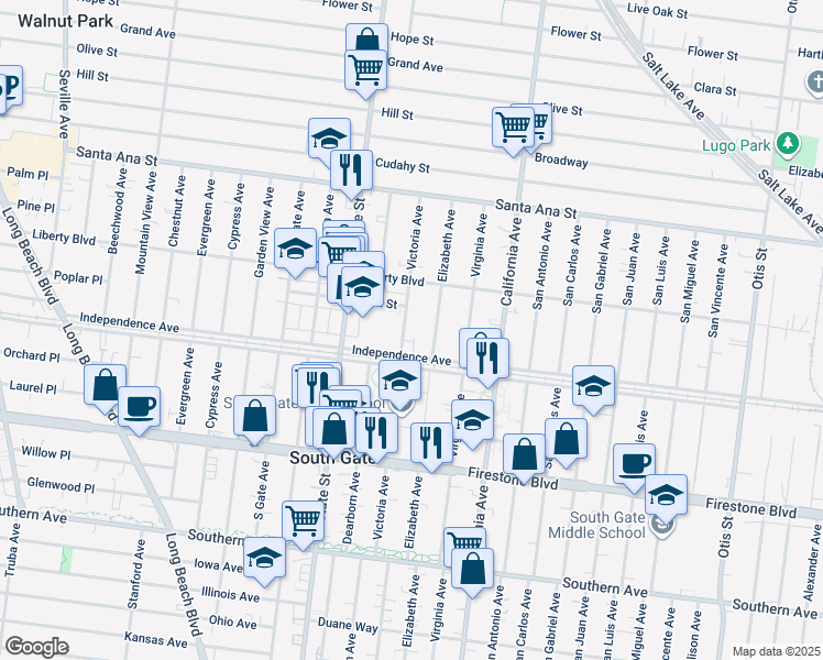 map of restaurants, bars, coffee shops, grocery stores, and more near 8454 Victoria Avenue in South Gate