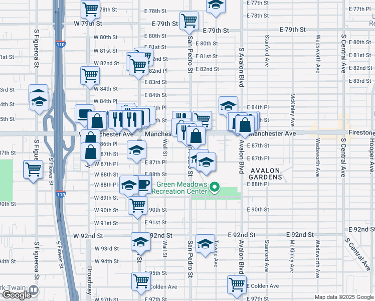 map of restaurants, bars, coffee shops, grocery stores, and more near 8703 San Pedro Street in Los Angeles