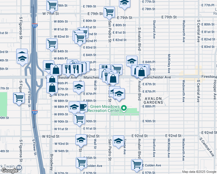 map of restaurants, bars, coffee shops, grocery stores, and more near 8703 San Pedro Street in Los Angeles