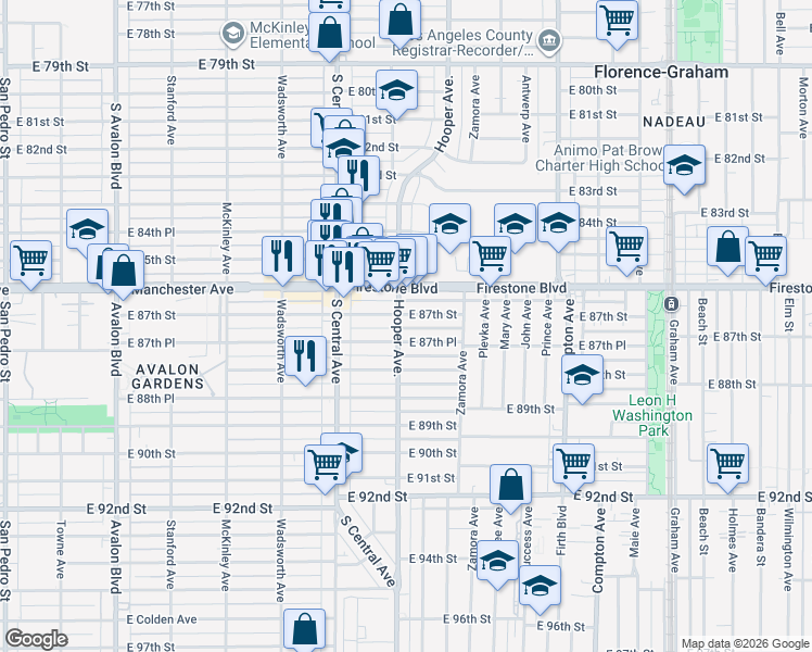 map of restaurants, bars, coffee shops, grocery stores, and more near 8710 Hooper Avenue in Los Angeles