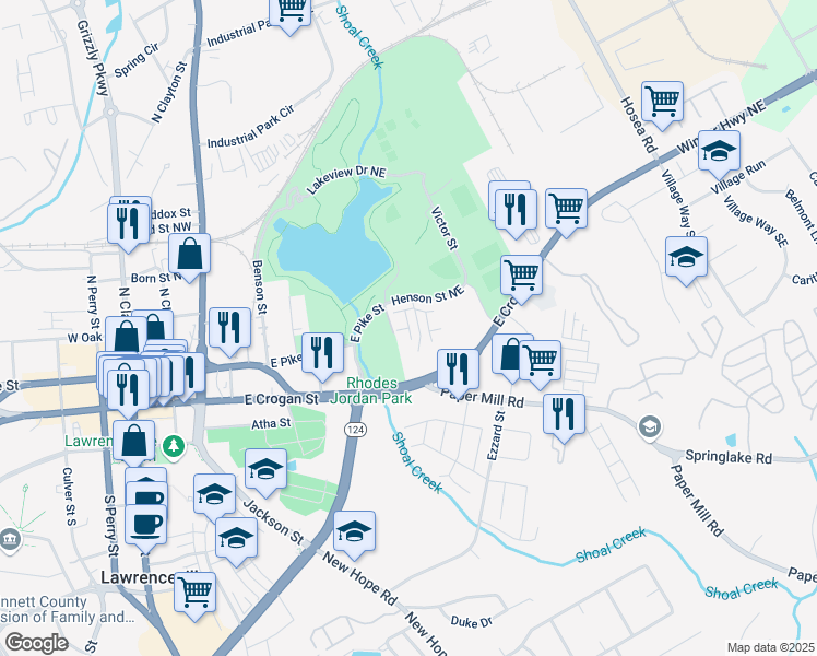 map of restaurants, bars, coffee shops, grocery stores, and more near Nix Lane in Lawrenceville
