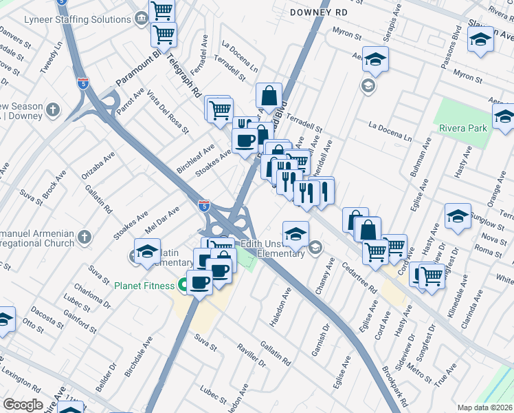 map of restaurants, bars, coffee shops, grocery stores, and more near 8854 Lindell Avenue in Downey
