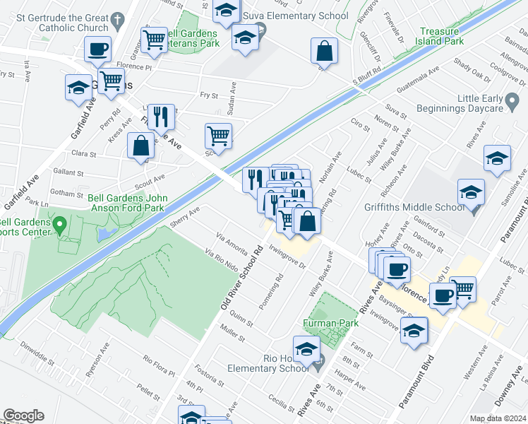 map of restaurants, bars, coffee shops, grocery stores, and more near in Downey