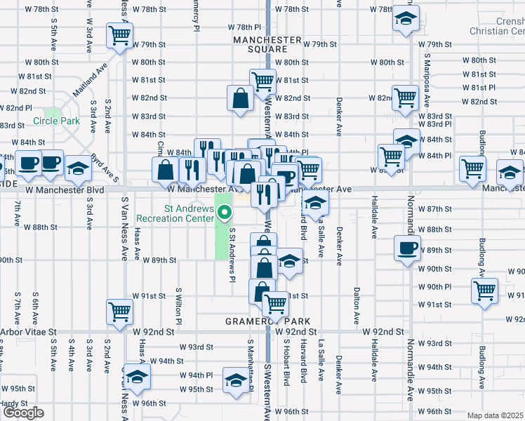 map of restaurants, bars, coffee shops, grocery stores, and more near 8715 South Western Avenue in Los Angeles