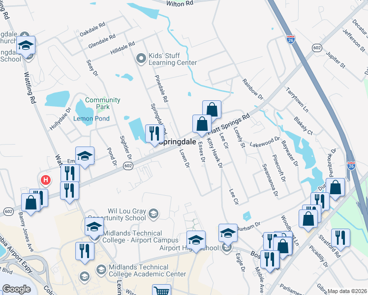map of restaurants, bars, coffee shops, grocery stores, and more near 1107 Lown Drive in West Columbia