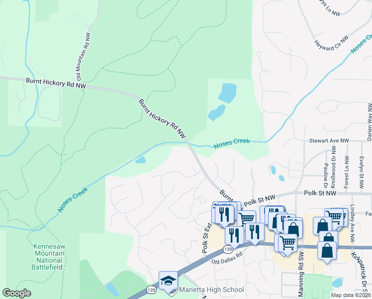 map of restaurants, bars, coffee shops, grocery stores, and more near 1085 Burnt Hickory Road Northwest in Marietta