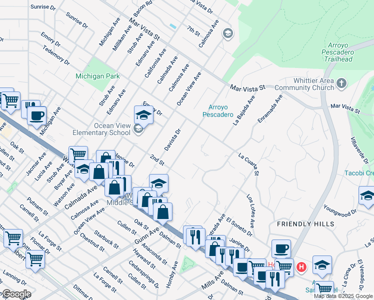 map of restaurants, bars, coffee shops, grocery stores, and more near 8504 Catalina Avenue in Whittier