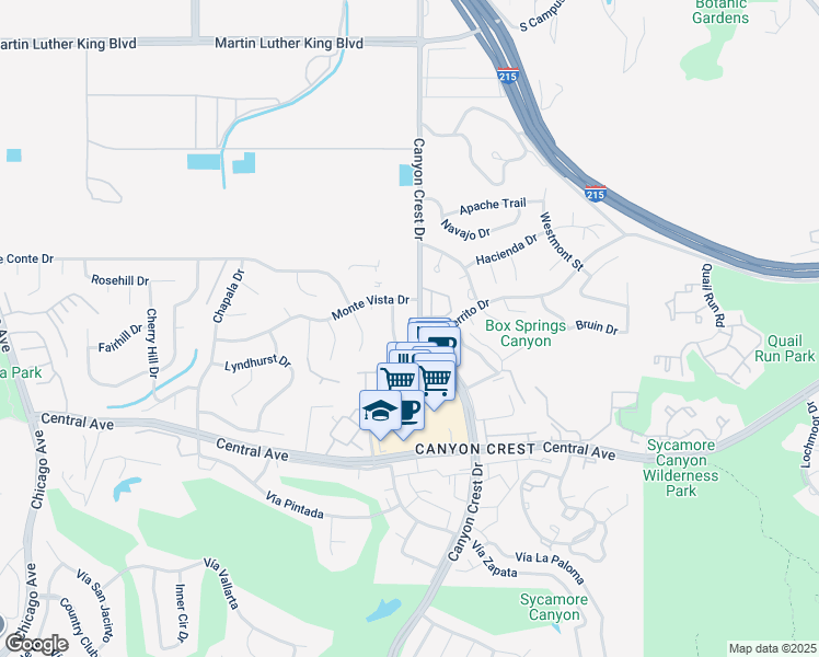 map of restaurants, bars, coffee shops, grocery stores, and more near 5055 El Cerrito Drive in Riverside
