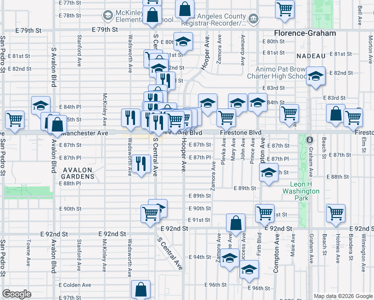 map of restaurants, bars, coffee shops, grocery stores, and more near 8710 Hooper Avenue in Los Angeles