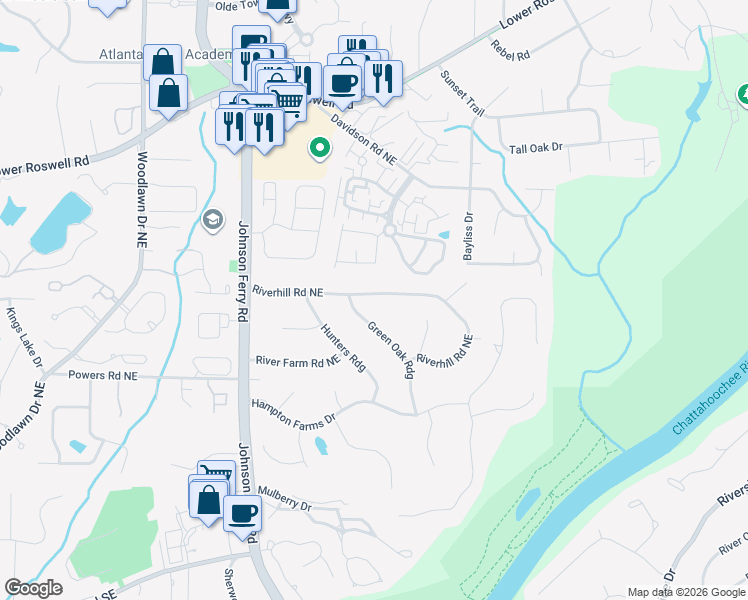 map of restaurants, bars, coffee shops, grocery stores, and more near 4990 Riverhill Road Northeast in Marietta