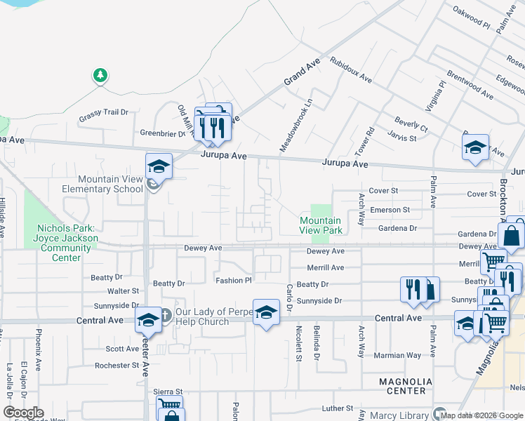 map of restaurants, bars, coffee shops, grocery stores, and more near 4939 Ficus Court in Riverside
