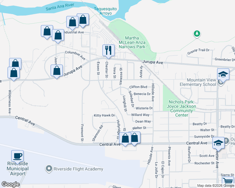 map of restaurants, bars, coffee shops, grocery stores, and more near 5919 Simon Court in Riverside