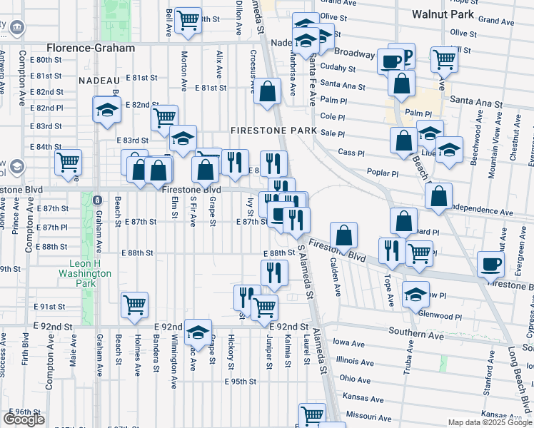 map of restaurants, bars, coffee shops, grocery stores, and more near 8701 Juniper Street in Los Angeles