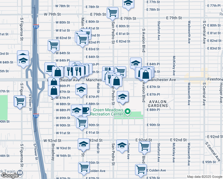 map of restaurants, bars, coffee shops, grocery stores, and more near 237 East 87th Place in Los Angeles