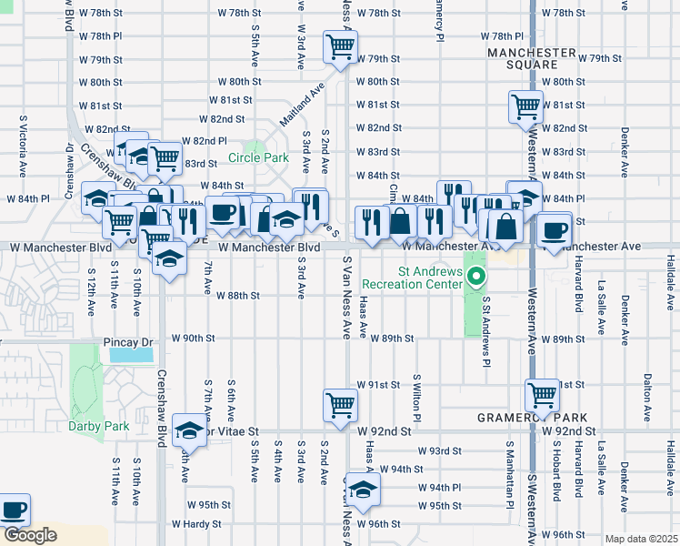 map of restaurants, bars, coffee shops, grocery stores, and more near 8712 South 2nd Avenue in Inglewood