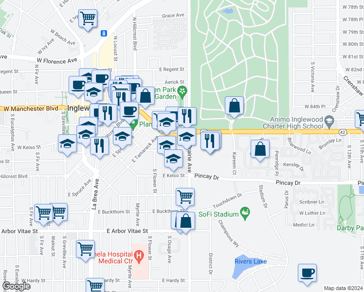 map of restaurants, bars, coffee shops, grocery stores, and more near 503 South Prairie Avenue in Inglewood
