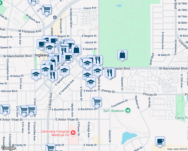map of restaurants, bars, coffee shops, grocery stores, and more near in Inglewood