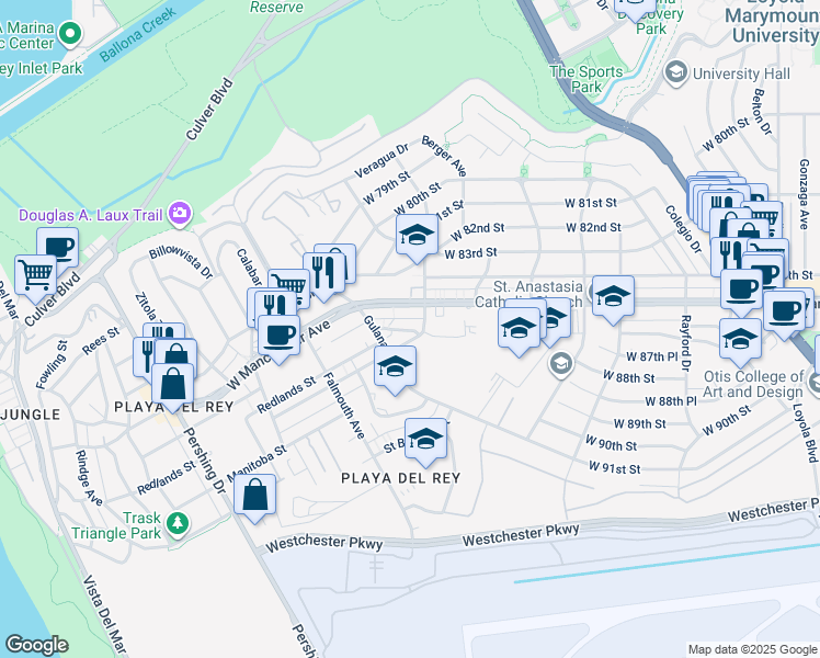 map of restaurants, bars, coffee shops, grocery stores, and more near 7740 Redlands Street in Los Angeles