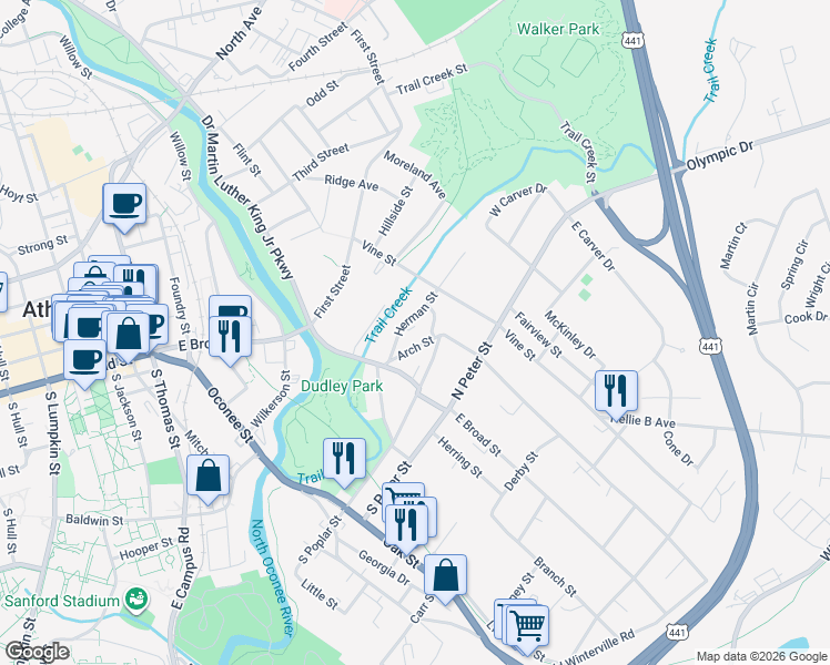map of restaurants, bars, coffee shops, grocery stores, and more near 75 Arch Street in Athens