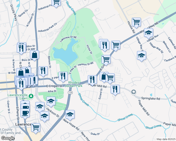 map of restaurants, bars, coffee shops, grocery stores, and more near Holt Lane in Lawrenceville