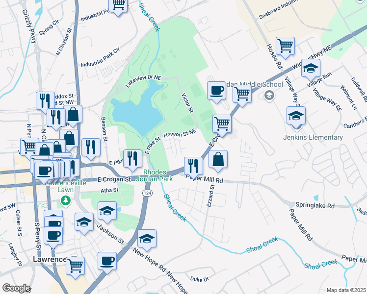 map of restaurants, bars, coffee shops, grocery stores, and more near Holt Lane in Lawrenceville