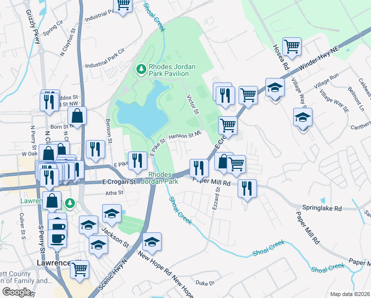 map of restaurants, bars, coffee shops, grocery stores, and more near Water Works Road in Lawrenceville