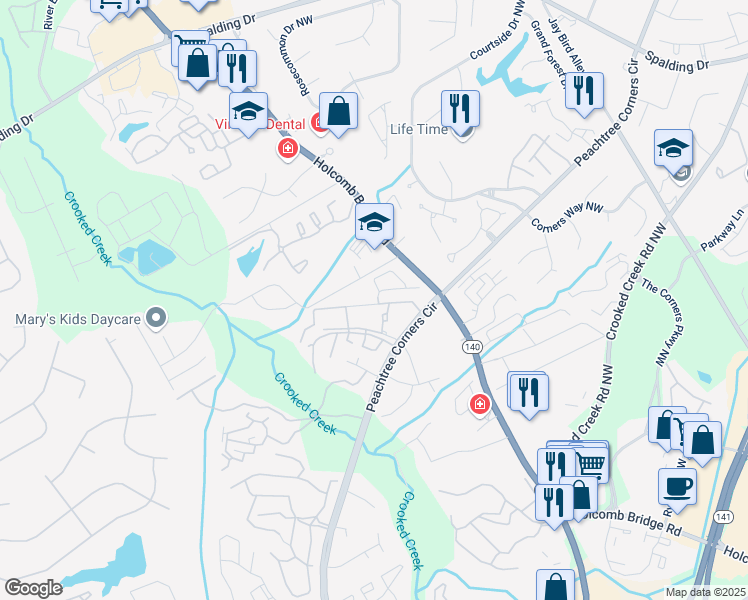 map of restaurants, bars, coffee shops, grocery stores, and more near 1405 Corners Mill Drive in Norcross