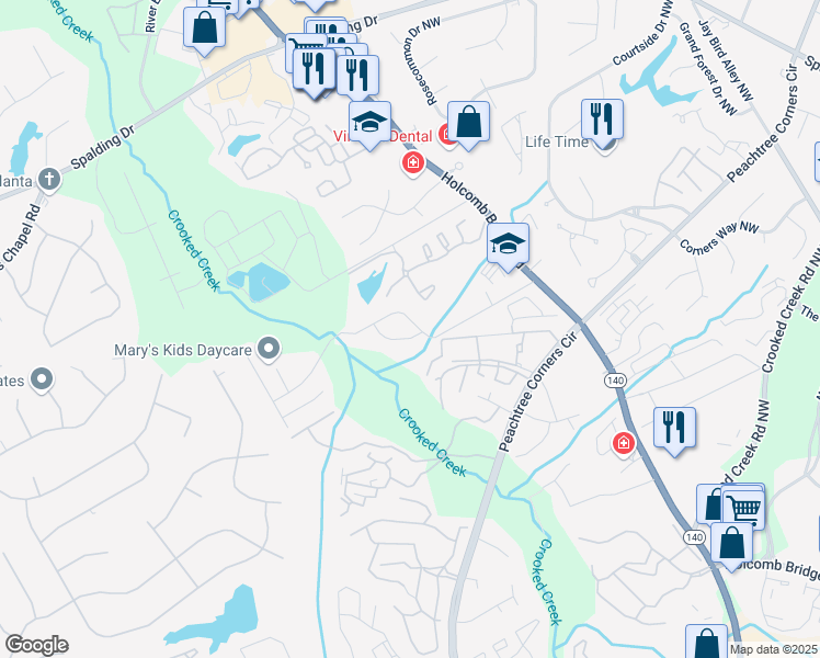 map of restaurants, bars, coffee shops, grocery stores, and more near 6412 Meadow Rue Drive in Norcross