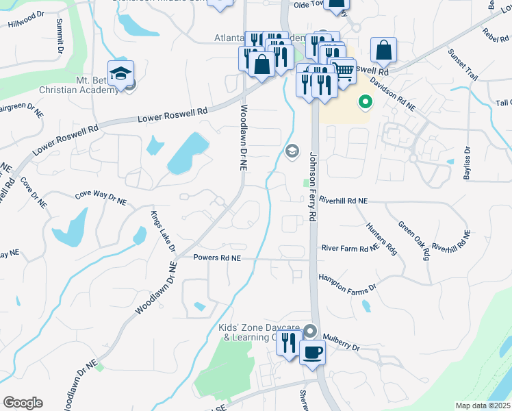 map of restaurants, bars, coffee shops, grocery stores, and more near 341 Declaire Way Northeast in Marietta