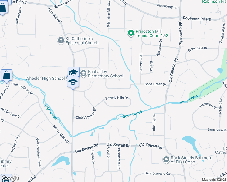 map of restaurants, bars, coffee shops, grocery stores, and more near 2699 Beverly Hills Drive in Marietta
