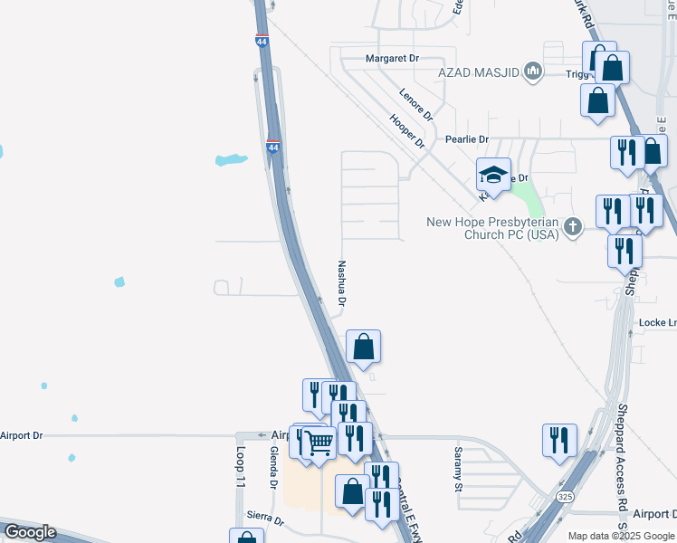 map of restaurants, bars, coffee shops, grocery stores, and more near 45 Nashua Drive in Wichita Falls