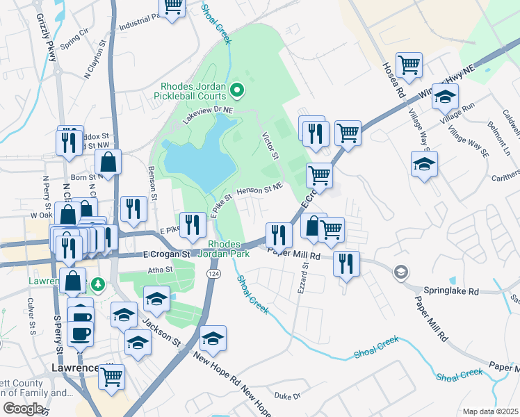 map of restaurants, bars, coffee shops, grocery stores, and more near Water Works Road in Lawrenceville