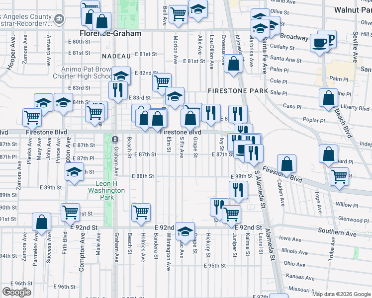 map of restaurants, bars, coffee shops, grocery stores, and more near 1925 East 87th Street in Los Angeles