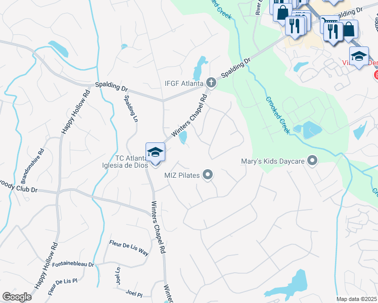 map of restaurants, bars, coffee shops, grocery stores, and more near 3846 Town Farms Drive in Atlanta