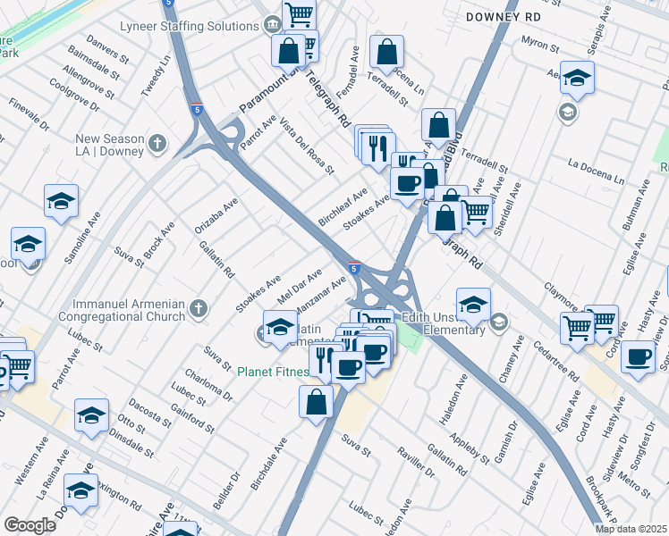 map of restaurants, bars, coffee shops, grocery stores, and more near 9117 Manzanar Avenue in Downey