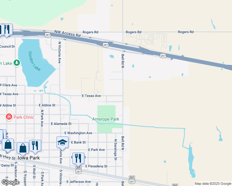 map of restaurants, bars, coffee shops, grocery stores, and more near 911 East Texas Avenue in Iowa Park
