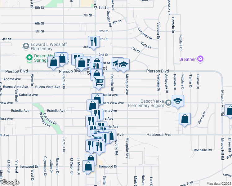 map of restaurants, bars, coffee shops, grocery stores, and more near 66650 Cahuilla Avenue in Desert Hot Springs